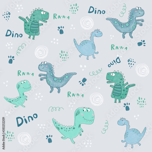 Seamless dinosaurs pattern. Cute different shape dinozaurus