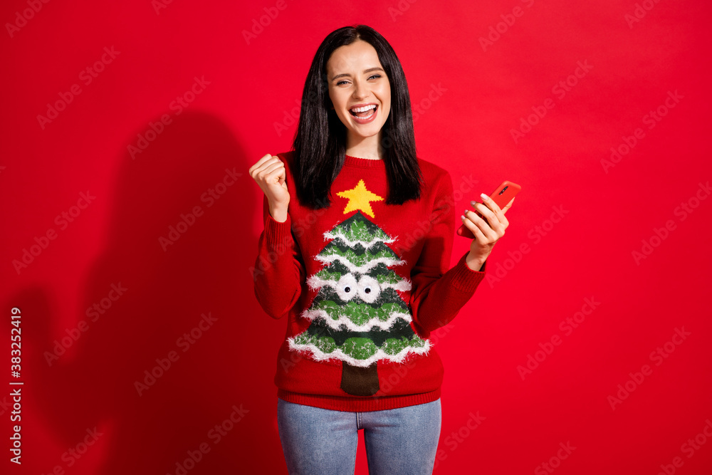 Portrait of her she nice attractive pretty glad cheerful cheery girl using device app 5g shopping fast delivery order having fun isolated bright vivid shine vibrant red color background