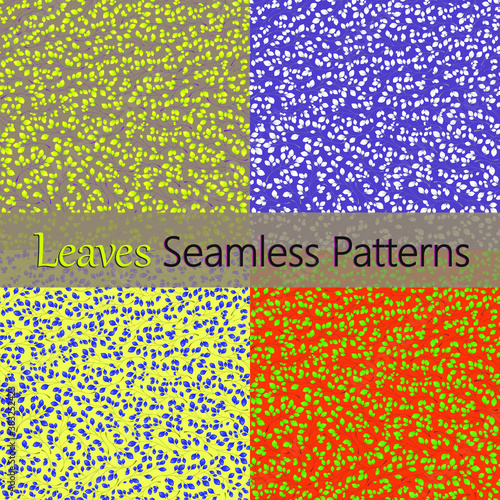 Set of 4 leaves patterns. Branches with leaves. Seamless Vector illustration. Stylish background with graphic leaves. Use for wallpaper, web design, surface textures, textile prints, wrapping, etc.