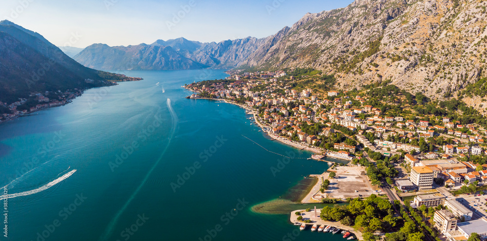 Aerial View of Kotor bay, Montenegro. Drone aerial panorama