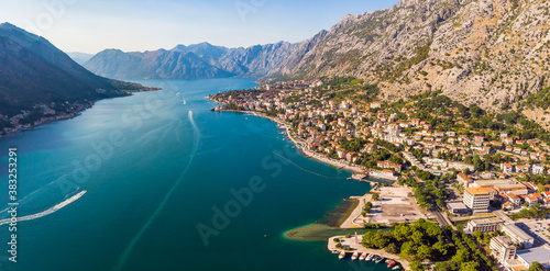 Aerial View of Kotor bay, Montenegro. Drone aerial panorama