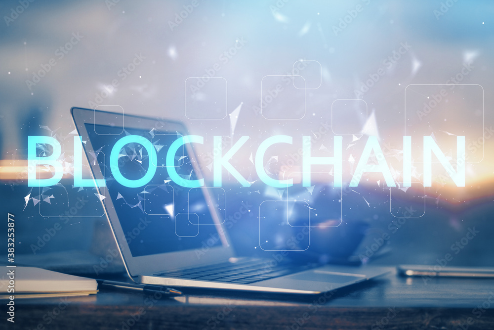 Double exposure of blockchain theme hologram and table with computer background. Concept of bitcoin crypto currency. Double exposure of blockchain theme hologram and table with computer background. Concept of bitcoin crypto currency.