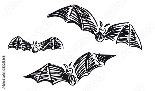 Flying bat, grunge illustration, vector.