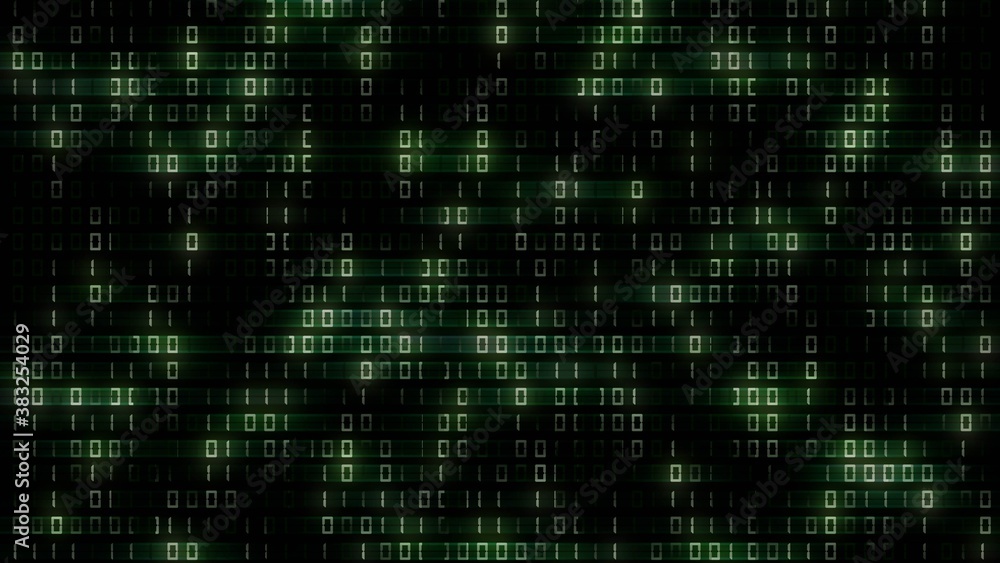 Abstract futuristic background of binary code in green color with random directional blur of single digits. Digital systems technology theme - cyber internet or network concept - 3D illustration