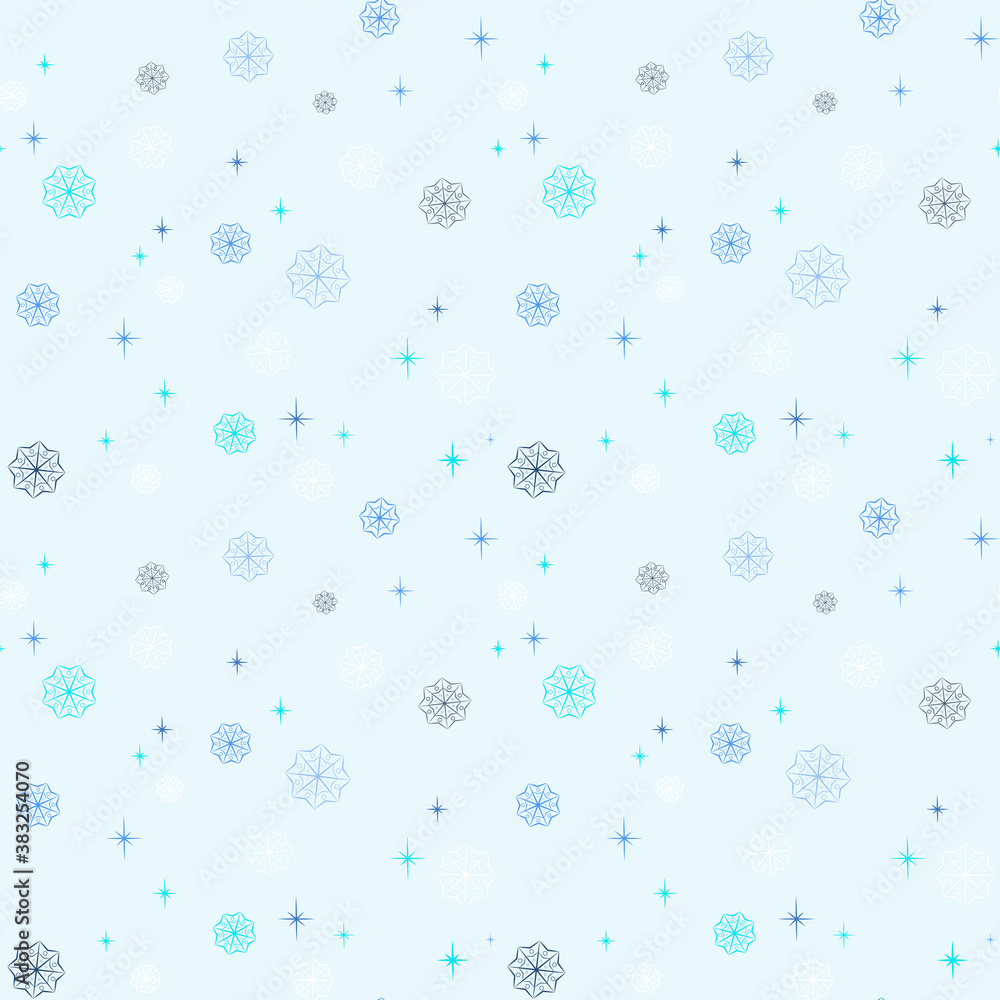 Pattern with snowflakes in different colors and sizes. Vector background for winter.