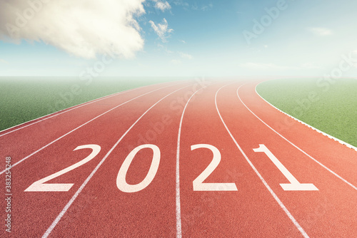 Starting line to the new year 2021 with a metaphor of new start in new year. New year concept