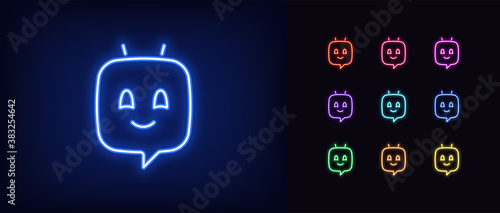 Neon chat bot, glowing icon. Neon voice assistant, virtual chatbot in shape of message bubble