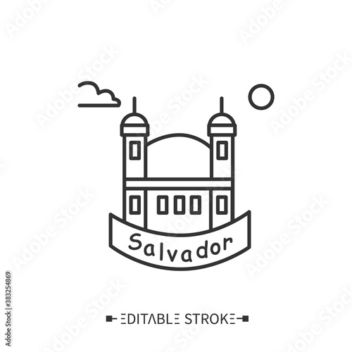 Salvador city line icon. Cathedral Basilica of Salvador. Bahia, Brazil. Traveling centrum, landmark. Brazilian carnival festival in Salvador. Isolated vector illustration. Editable stroke 