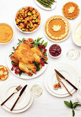 Thanksgiving dinner tablesetting, overhead view