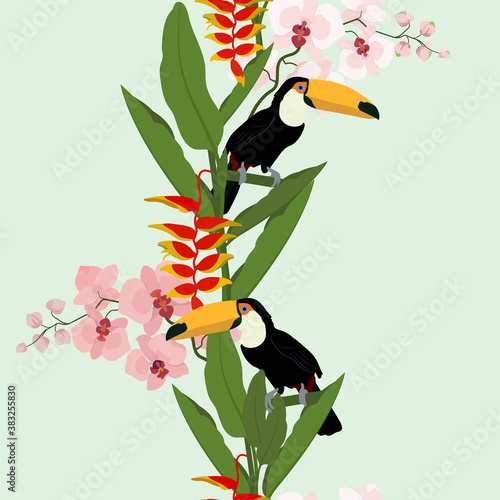 Vector seamless illustration with toucan bird, orchids and tropical leaves.