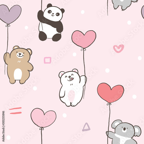 Fototapeta Naklejka Na Ścianę i Meble -  Seamless Pattern with Cute Cartoon Bear, Koala, Panda and Balloon Design on Light Pink Background