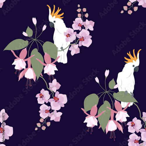 Seamless vector illustration with flowers fuchsia, orchid and white parrot
