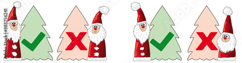 Christmas check mark yes no, hook and cross vote, set of christmas tree icons with santa claus