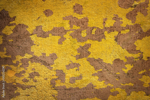 Wooden background with peeling yellow paint. Texture abstract surface. Horizontal background, banner, poster. Template for eco organic design © akininam