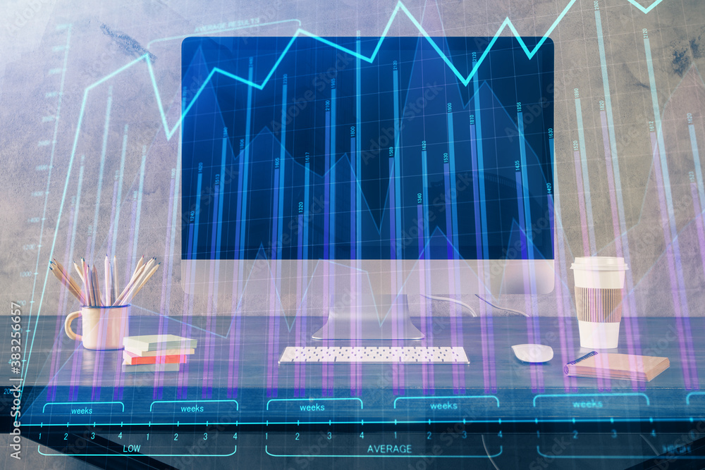 Financial graph colorful drawing and table with computer on background. Multi exposure. Concept of international markets. Financial graph colorful drawing and table with computer on background. Multi exposure. Concept of international markets.