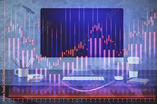 Financial graph colorful drawing and table with computer on background. Multi exposure. Concept of international markets.