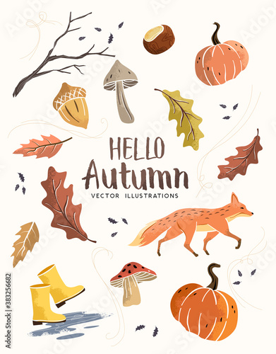 Autumn season composition hand crafted fall elements with leaves, mushrooms and pumpkins. vector illustration.
