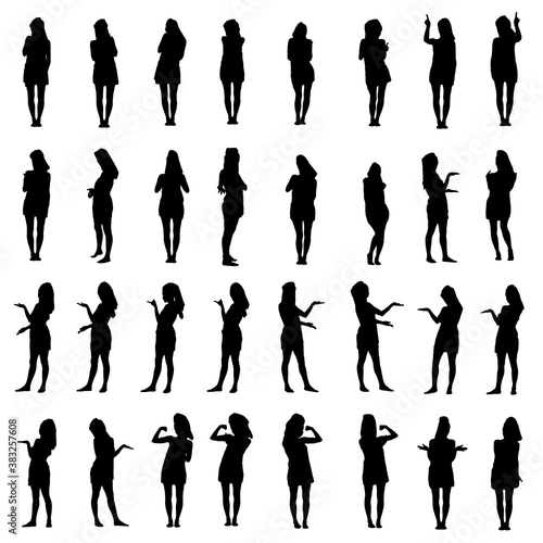 Collage of silhouettes of young woman in bath towel presenting, inviting and using touch screen. Easy editable layered vector illustration.  photo