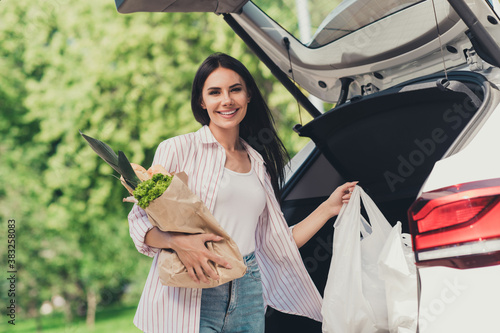 Portrait of her she nice-looking attractive pretty cheerful cheery lady putting fresh gourmet products in truck white car health care lattuce vegs vitamin supply enjoying diet summertime photo