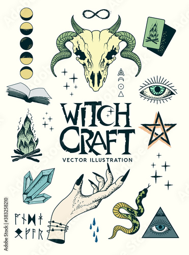 Occult witchcraft signs and symbols with charms, spells and runes. including ram skull, witch hands and crystals. Vector illustration.