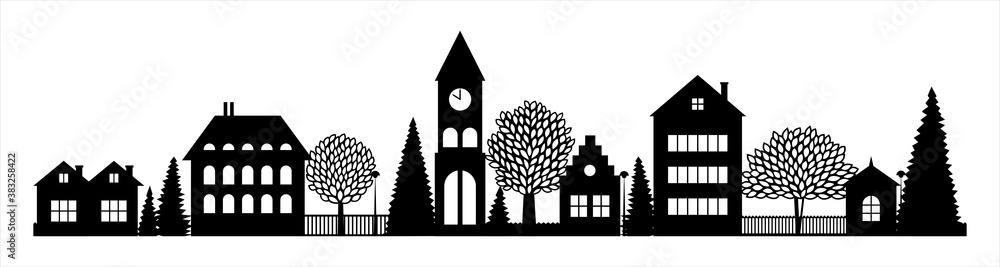 Small Town or village neighborhood silhouette skyline with church ...