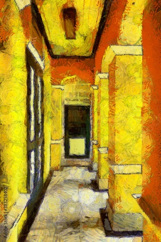Ancient wooden doors and windows of a bright yellow building Illustrations creates an impressionist style of painting.