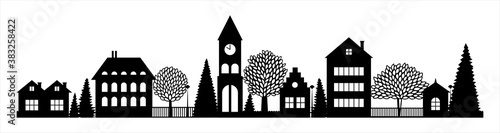 Small Town or village neighborhood silhouette skyline with church chapel houses. 