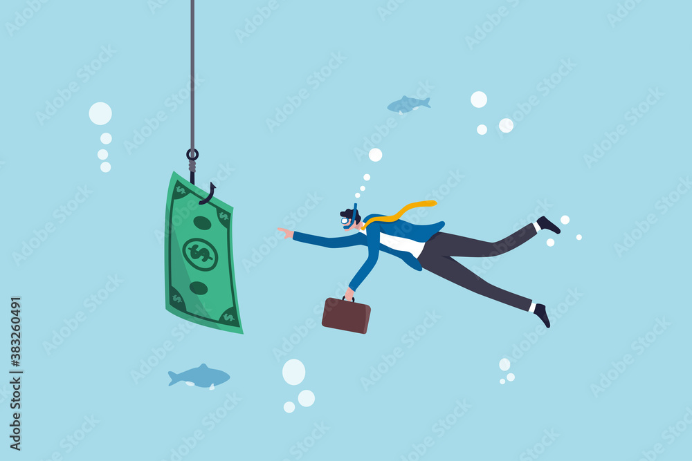 Investment risk or money trap, business fraud and cheating or financial pitfall and mistake concept, businessman diving into business ocean takes a bait to the hook fishing with money dollar banknote. Investment risk or money trap, business fraud and cheating or financial pitfall and mistake concept, businessman diving into business ocean takes a bait to the hook fishing with money dollar banknote.