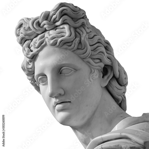 Portrait of a plaster statue of Apollo isolated on white