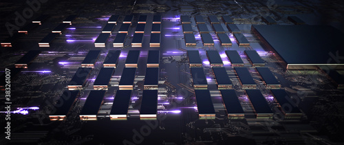 Printed circuit board futuristic server/Code processing in circuit board abstract server. Data moves in the form of moving lines. The movement and processing of data inside a server or computer. © spainter_vfx