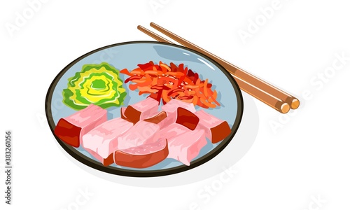 Korean cuisine dish Bossam on plate and chopsticks. Boiled in spices, thinly sliced pork served with inner leaves of napa cabbage, saeu-jeot salted shrimps . Vector illustration isolated on white.