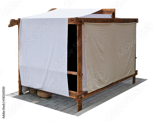 Tent for small market  made for white canvas and pine planks isolated