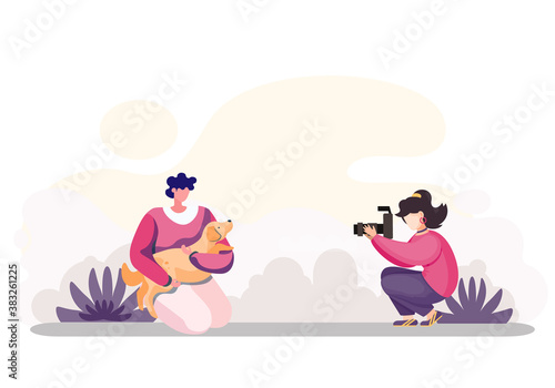 The girl photographer takes a picture of happy young woman holding and hugging a cute puppy outdoors. Flat style isolated vector female character illustration with dog and mistresses sunny day