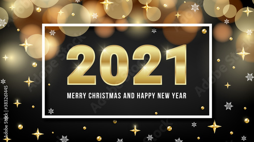 2021 Merry Christmas and Happy New Year greeting card design with golden numbers, bokeh, gold beads, shiny stars and snowflakes on black background. Vector illustration for web, xmas banner, mail