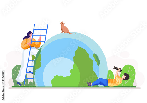 Man takes photo of the cute cat sitting on the globe and the woman stands on the stepladder next to cat. Photo sesssion of the kitten in the park vector illustration. Man use the camera to make image