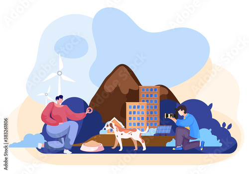 Professional photographer makes pictures of woman feeding a dog with the donut. Evening photo session in the city. Couple of people and dog with the mountains and skyscrapers on the background