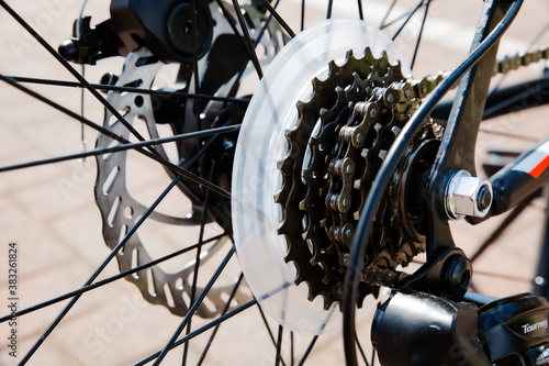 Close up view of bicycle detail. Rear wheel cassette from a bike