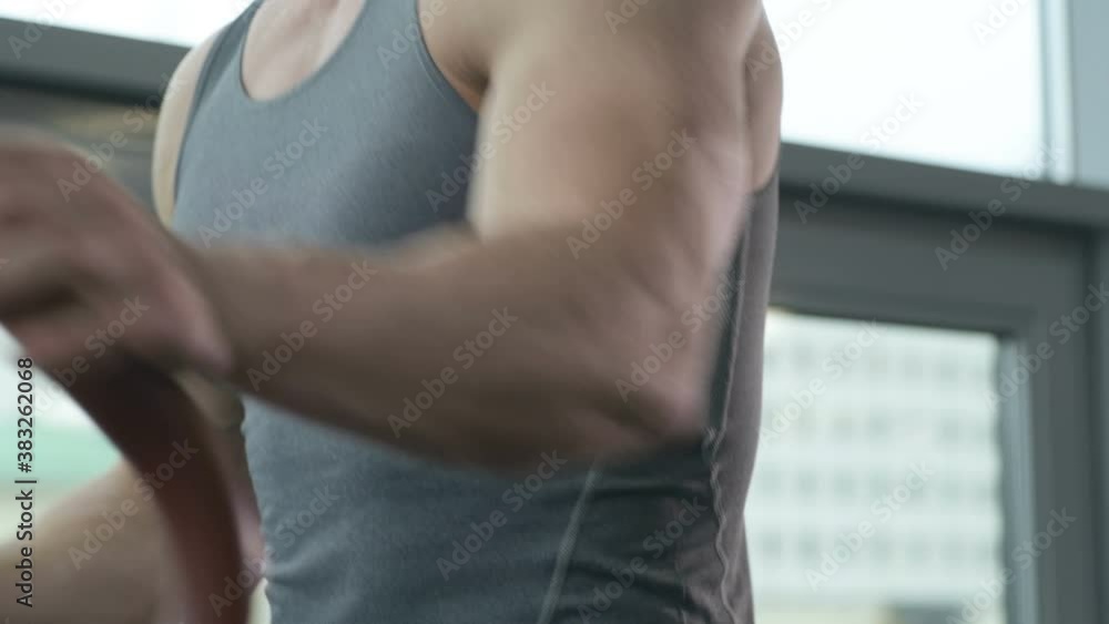 Caucasian young man in sportswear running on treadmill at gym. Fitness, bodybuilding and fat burning concept Caucasian young man in sportswear running on treadmill at gym. Fitness, bodybuilding and fat burning concept