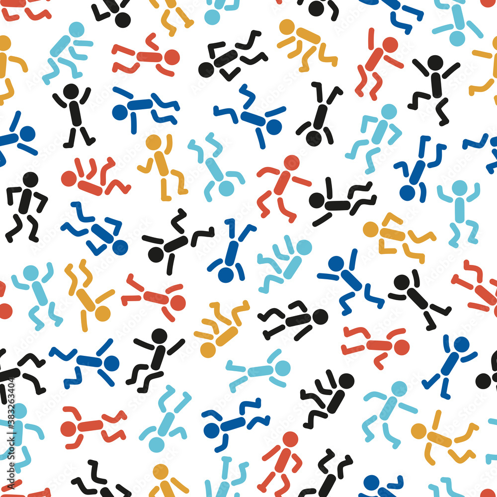 Stick Man Icons Seamless Pattern. Colorful Background from People Stick Figures in Different Poses. Stickman Repeating Texture. Various Human Signs Vector illustration