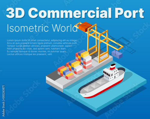 Isometric City industrial dock port with container cargo industry