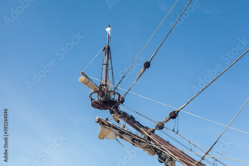 Ship mast and rigging on an old galleon navy vessel