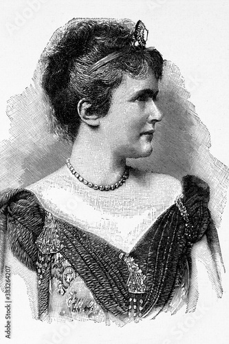 Elisabeth of Wied, queen consort of Romania. Writer, literary name Carmen Sylva. Wife of King Carol I. 1843-1916. Antique illustration. 1894. photo