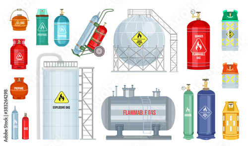 Vector gas cylinder set icon. Cylindrical container with liquefied compressed gases with high pressure and valves isolated. Lpg gas-bottle and gas-cylinder. Safety fuel tank of helium butane acetylene