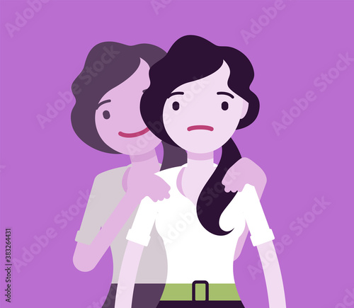 Self help woman, health and psychological problems solving. Young girl in bipolar or mental disorder, shifting herself to good mood, energy, happiness, activity. Vector creative stylized illustration