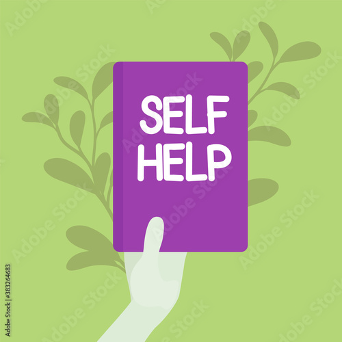Self help book, health and psychological problems solving. Positive thinking practice, stress management to improve attitude toward yourself, optimistic life. Vector creative stylized illustration