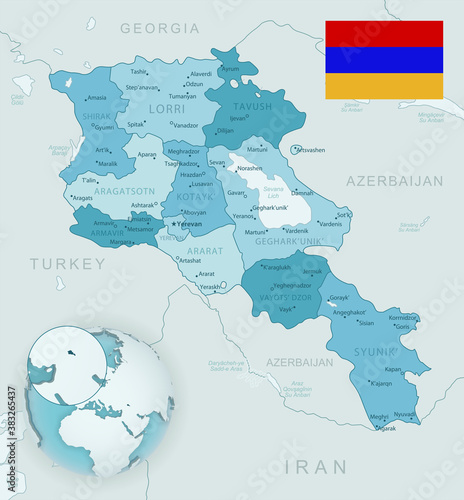 Blue-green detailed map of Armenia administrative divisions with country flag and location on the globe. Vector illustration