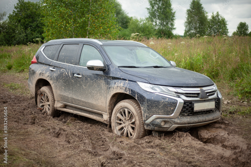 The wheels of the car are stuck in the mud. Off-road driving.