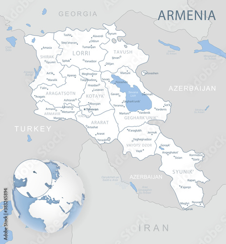 Blue-gray detailed map of Armenia administrative divisions and location on the globe. Vector illustration