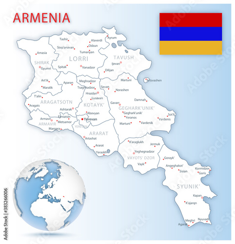Detailed Armenia administrative map with country flag and location on a blue globe. Vector illustration