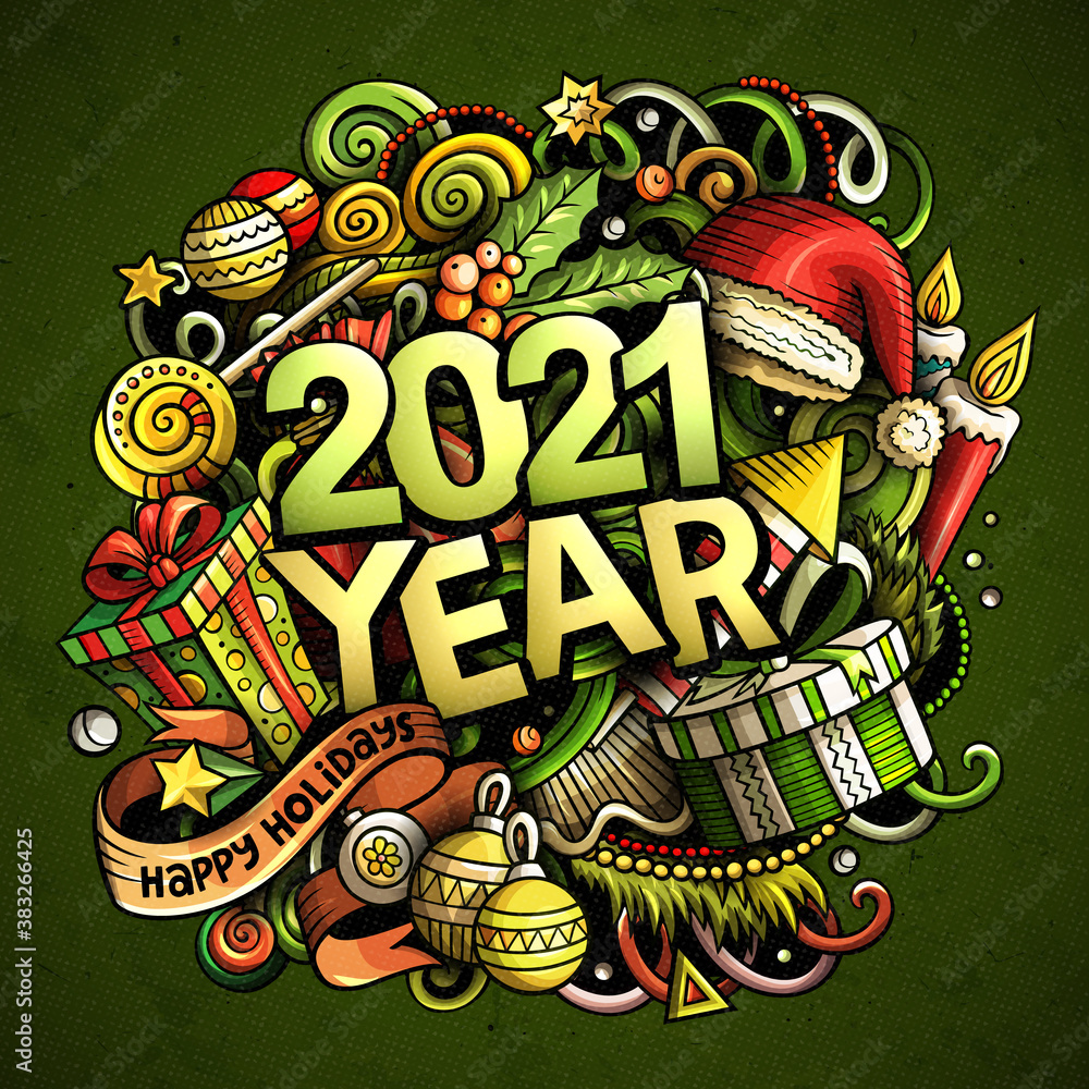 2021 hand drawn doodles illustration. New Year objects and elements poster 2021 hand drawn doodles illustration. New Year objects and elements poster
